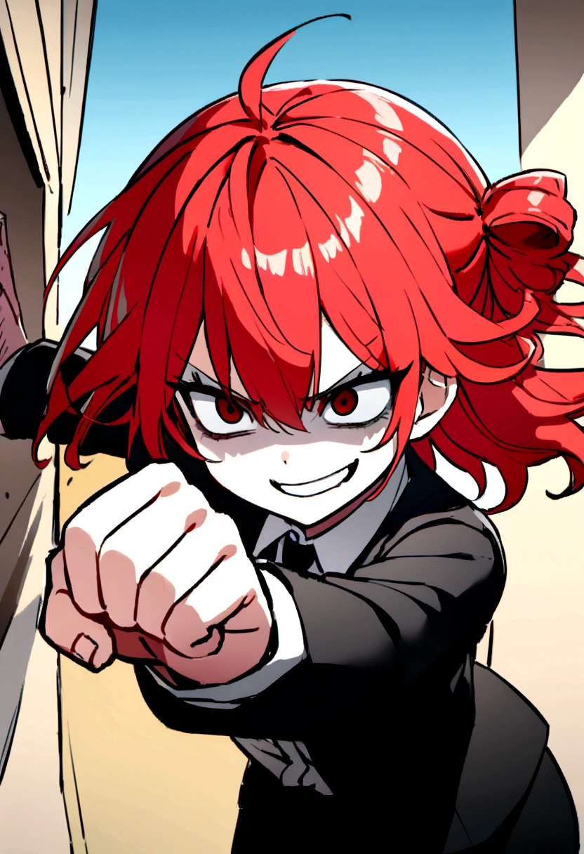 Red hair、Black suit、punch、Scary smile、office、Daytime、punching,Front facing