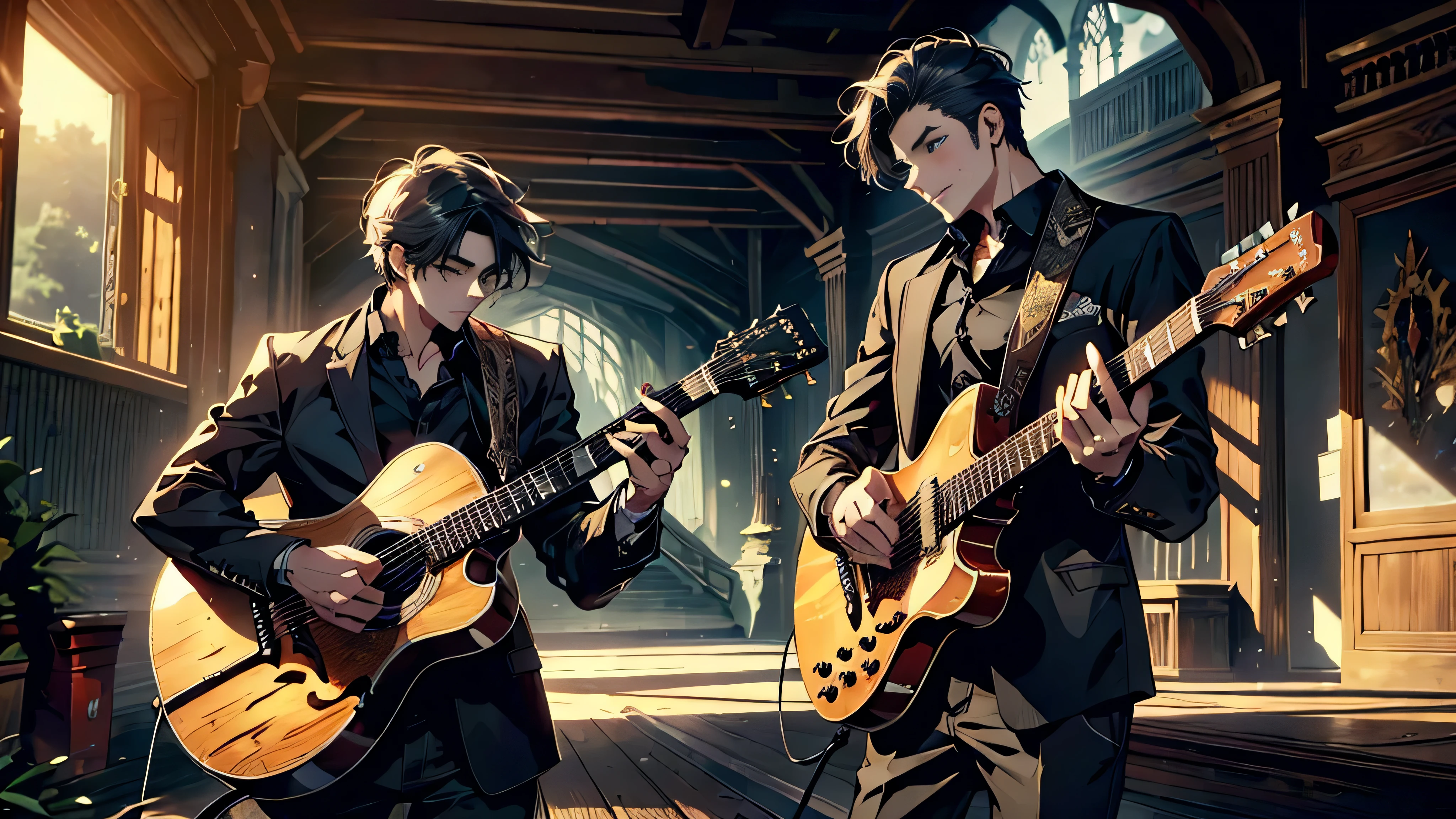 "best quality , High quality , The best details ,Portrait of a passionate guitarist,father, in the bedroom,A place where sunlight shines through , Create a play of light and shadow.. Guitarist holding a wooden guitar,guitar made of wood, inside the room, striking black shirt. Mesmerizing performance moments, Musicians immerse themselves in music.,beautiful sky,a young man,short hairstyle, blue eyes, handsome, father,Wear a wedding ring on the finger"