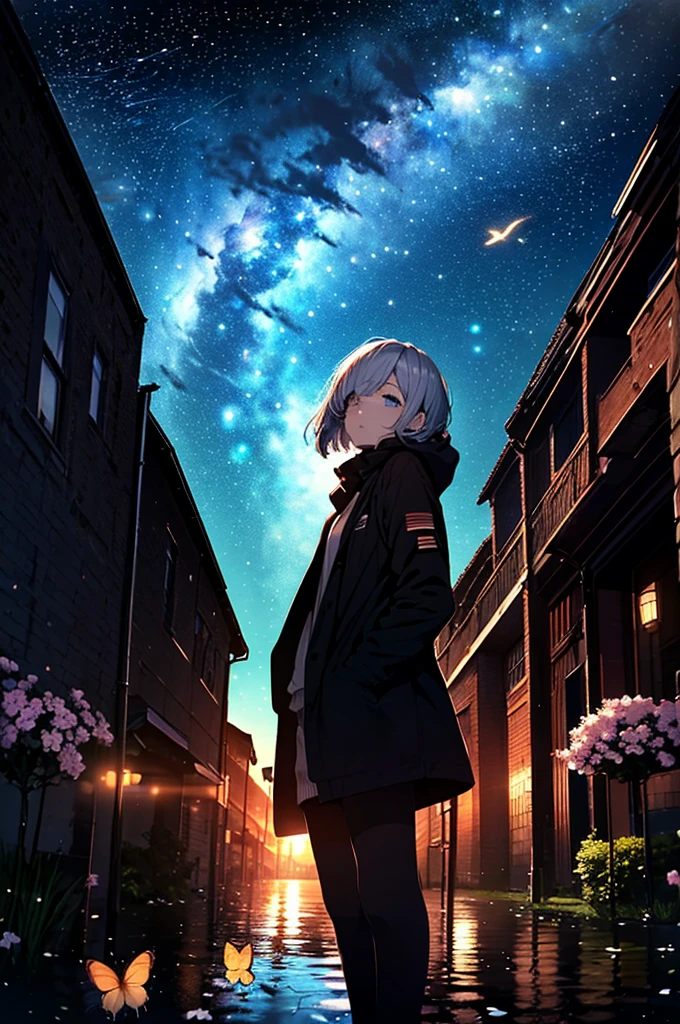 night,cherry blossoms,coat,Put your hands in your pockets,(student, 18-year-old,beauty, Her short silver hair sways, Space-colored eyes, Pale skin, Tired face、Lack of eye sparkle\), (Many bright blue butterflies flying in the sky), (Shine in the sky), Beautiful starry sky,There are puddles on the ground、The scenery is beautiful, Colorful flowers are blooming everywhere, I see the wind blowing and shining,From below, break ,Highest quality\(8K,非常に精細なCGユニットのwallpaper, masterpiece,High resolution,Highest quality,Highest quality real texture skin,Surreal,Increase the resolution,RAW Photos,Highest quality,Very detailed,wallpaper,Cinema Lighting,Ray Tracing,Golden Ratio\),Have a long-term perspective,Anatomically correct.