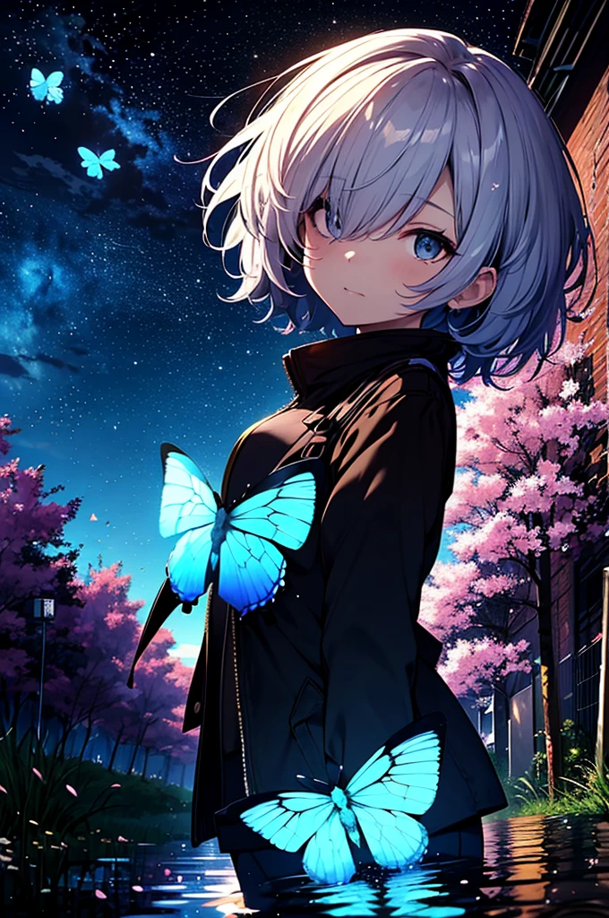night,cherry blossoms,coat,Put your hands in your pockets,(student, 18-year-old,beauty, Her short silver hair sways, Space-colored eyes, Pale skin, Tired face、Lack of eye sparkle\), (Many bright blue butterflies flying in the sky), (Shine in the sky), Beautiful starry sky,There are puddles on the ground、The scenery is beautiful, Colorful flowers are blooming everywhere, I see the wind blowing and shining,From below, break ,Highest quality\(8K,非常に精細なCGユニットのwallpaper, masterpiece,High resolution,Highest quality,Highest quality real texture skin,Surreal,Increase the resolution,RAW Photos,Highest quality,Very detailed,wallpaper,Cinema Lighting,Ray Tracing,Golden Ratio\),Have a long-term perspective,Anatomically correct.
