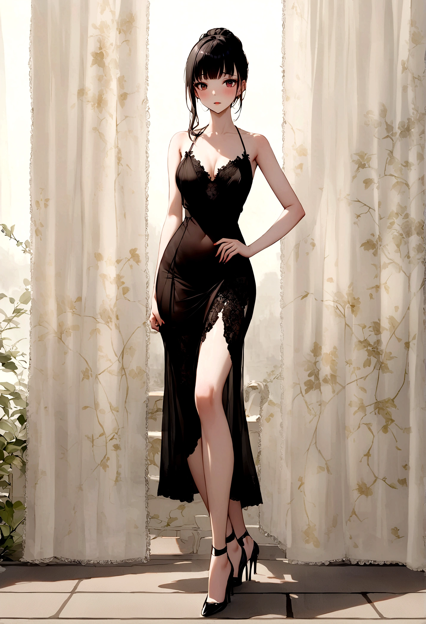 Ultimate Douluo Lan Xuanyu sexy evening dress，Lace hollow transparent camisole underwear，dark，Nervous fun，sit，Lan Xuanyu women&#39;s clothing golden dragon princess，萝莉dark晚礼服高跟鞋，Sexy lace front split legs，All black sexy lace hollow transparent sling evening dress high heels