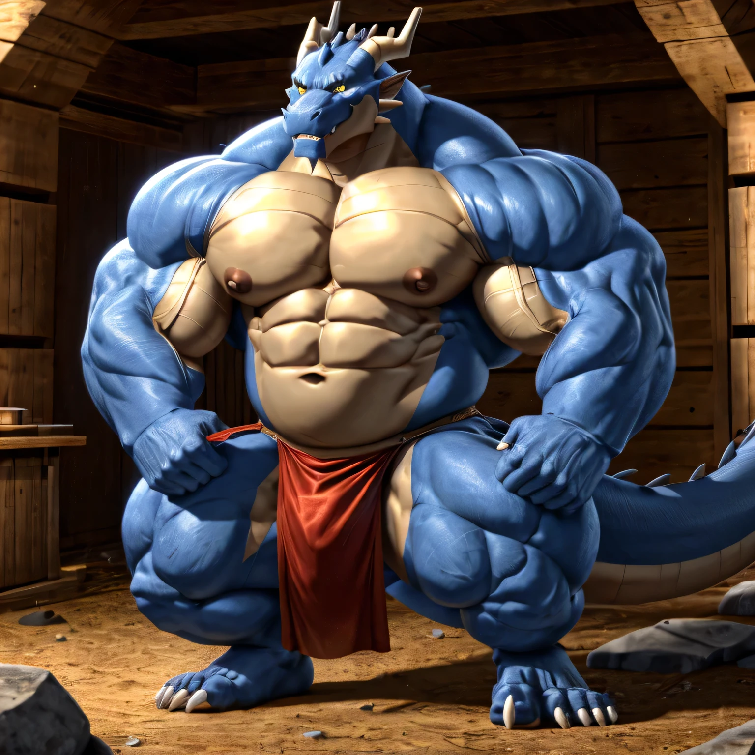 he dragon slayer, eastern dragon warrior, male dragon, hefty body, with very big muscles, hulking, huge, colossal body, extremely strong, huge abdominal muscles, hefty abs, pecs, plump big muscle abs, Strong and robust muscle abs, daddy body muscle-gut abs, massive prominent muscle abs, sharp claws, legs, feet claws, full body, loincloth, nipples, 4k, best quality.