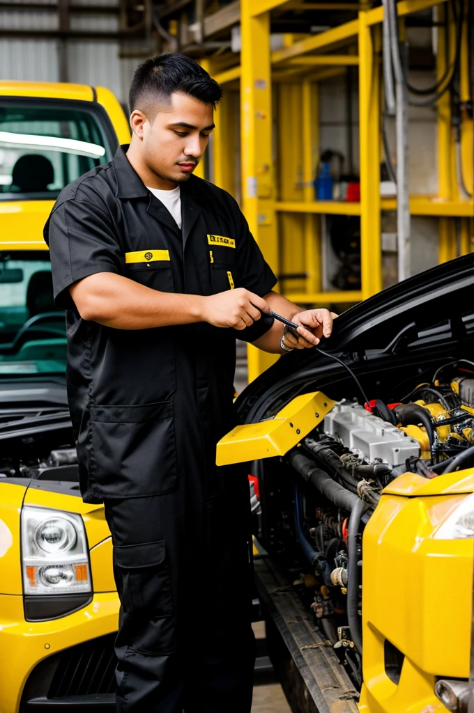 Automotive technician dressed in black and yellow worker&#39;s clothing industrial glasses full frontal shot sharpness white background