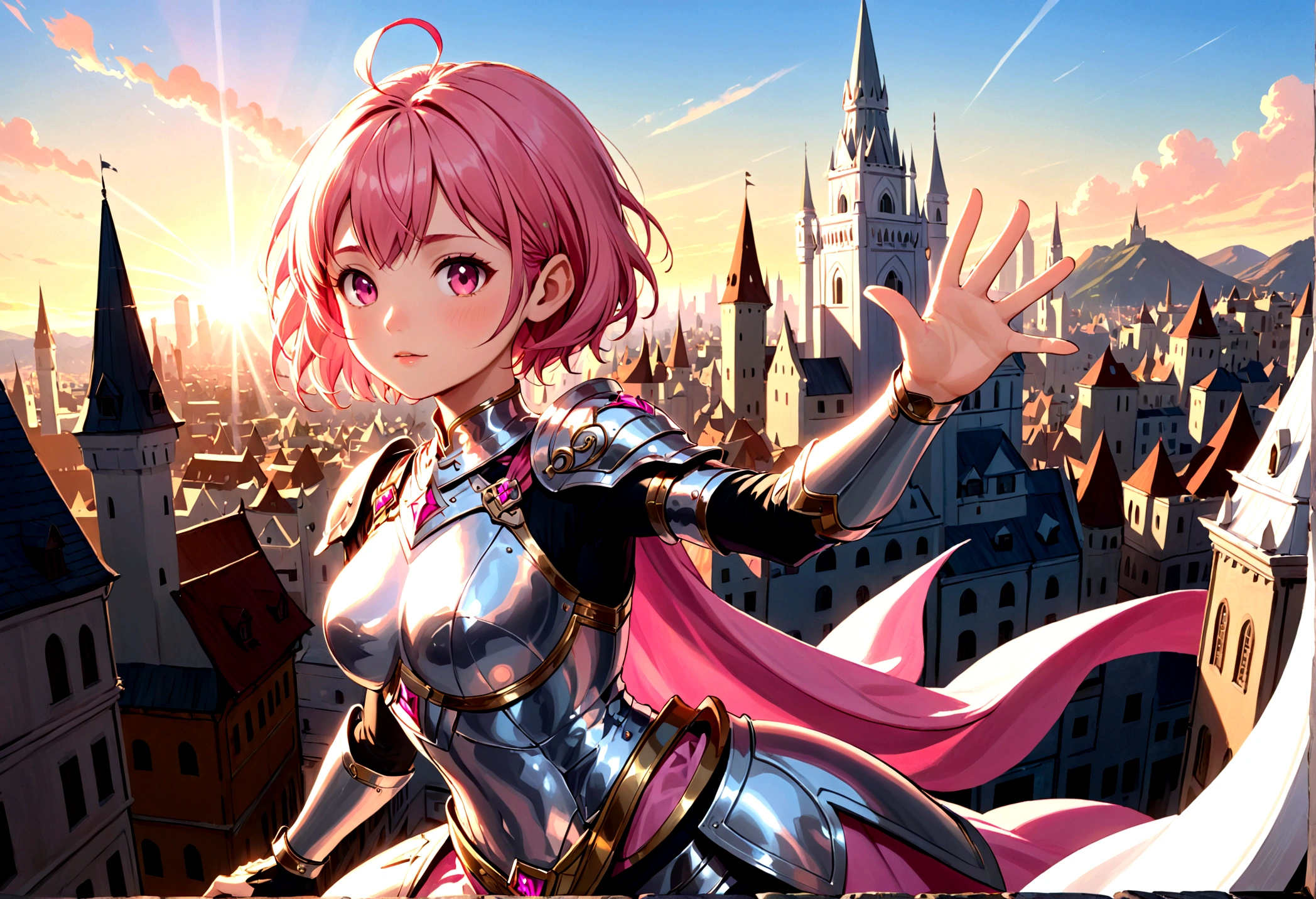 A giantess warrior princess with short pink hair, silver armor. She roams her small city waving hi to her small people