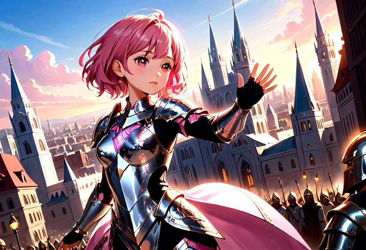 A giantess warrior princess with short pink hair, silver armor. She roams her small city waving hi to her small people