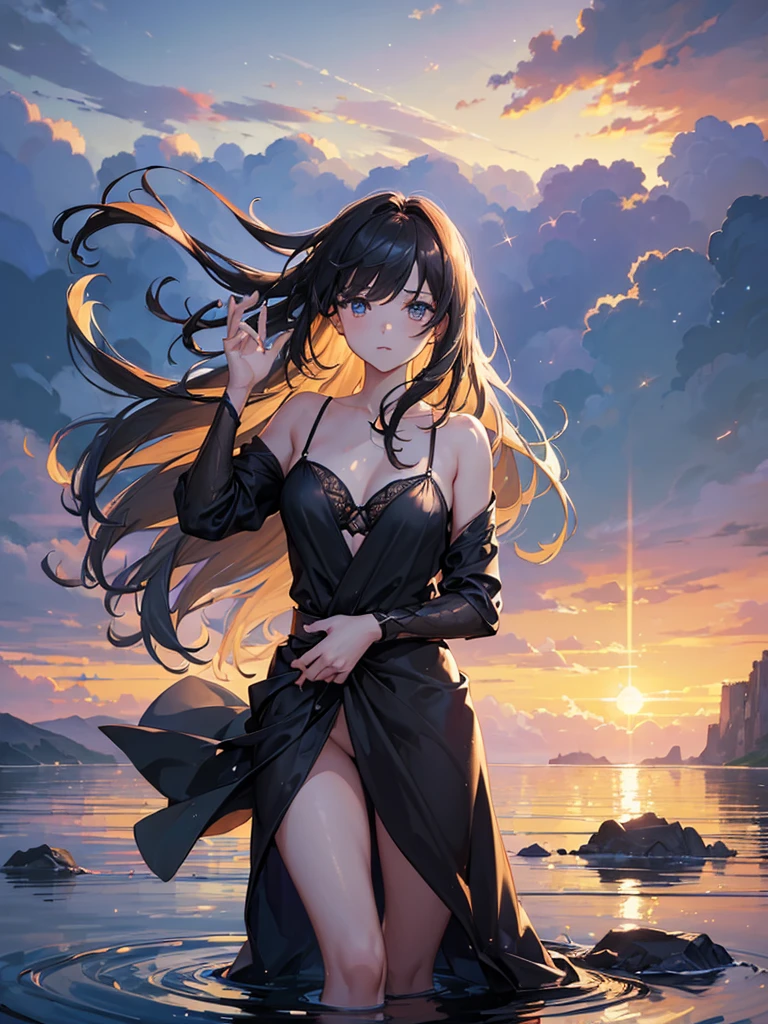 ((masterpiece, best quality:1.3)), High Definition, 8k wallpaper, otherworldly wonders, galaxy in the sky, [1girl:1.2], Straight Hair, Hair blowing in the wind, The gesture of brushing back hair, Gazing into the distance, Bikini Armor, (No Clothes), shooting star, reflected in water under a sunset,