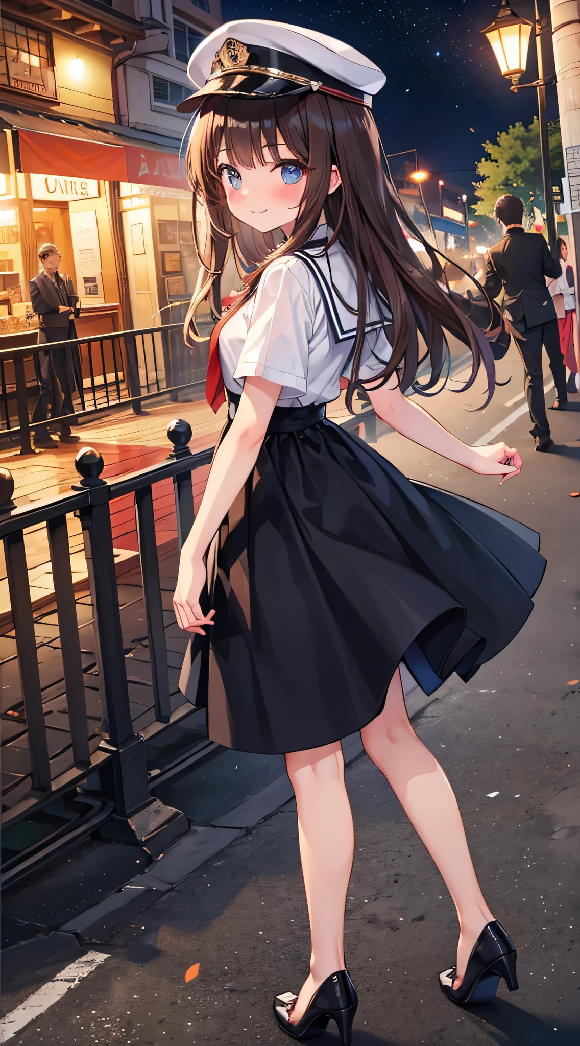 {Highest quality}, {Super beautiful},{Ultra fine},{Best illustration},Brown Hair,Hime cut,semi-long,Bangs,Standing Woman,Uniform cap,White Shirt,Short sleeve,Long black skirt,Night Park,Embarrassed,smilingly,Blushing,Slender women, A woman wearing plain black pumps,Bare feet and pumps,From an angle,From above