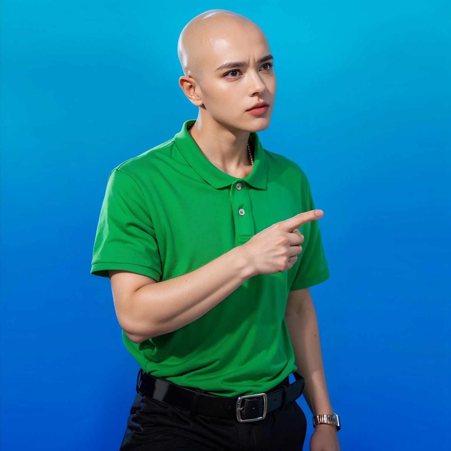 This image portrays a man with a stern expression, pointing to something off-camera, which suggests he is either explaining something important or issuing a command. He is bald and wears a vibrant green polo shirt, which contrasts sharply with the simple blue background, focusing attention on his gesture and facial expression. His intense gaze and firm posture add a sense of urgency or seriousness to his demeanor. This setup could be used in various contexts, from instructional content to a portrayal of authority or decision-making in a narrative. The overall composition of the image is both eye-catching and charming, effectively conveying a sense of joy and creativity.ffects render, (glossy plastic texture with multiple big light probe refractions), perfect cgi, smooth silhouette, high intensity refraction, (super glossy plastic material), most beautiful vfx, , realistic, 4k, high resolution, rim light, smooth 3d model, multiple light sources, rim light, sharp post effects render,, realistic, 4k, high resolution, rim light detailed digital art, reflective, best quality, 4k, masterpiece:1.2, ultra-detailed, realistic, vivid colors, The image of the highest quality, ensuring every detail showcased perfectly. It in 4k resolution, allowing viewers to immerse themselves in the richness of the colors and intricate details. The realistic rendering. under the spotlight, reflecting, high-resolution image, realistic rendering