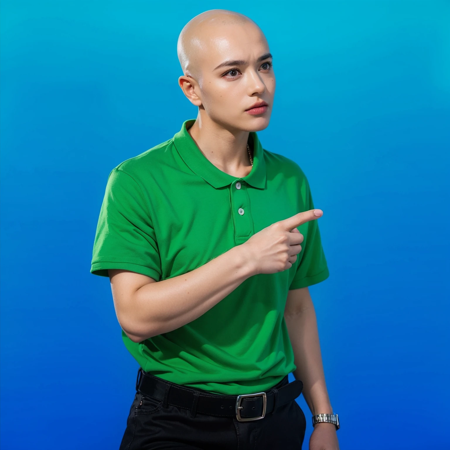 This image portrays a man with a stern expression, pointing to something off-camera, which suggests he is either explaining something important or issuing a command. He is bald and wears a vibrant green polo shirt, which contrasts sharply with the simple blue background, focusing attention on his gesture and facial expression. His intense gaze and firm posture add a sense of urgency or seriousness to his demeanor. This setup could be used in various contexts, from instructional content to a portrayal of authority or decision-making in a narrative. The overall composition of the image is both eye-catching and charming, effectively conveying a sense of joy and creativity.ffects render, (glossy plastic texture with multiple big light probe refractions), perfect cgi, smooth silhouette, high intensity refraction, (super glossy plastic material), most beautiful vfx, , realistic, 4k, high resolution, rim light, smooth 3d model, multiple light sources, rim light, sharp post effects render,, realistic, 4k, high resolution, rim light detailed digital art, reflective, best quality, 4k, masterpiece:1.2, ultra-detailed, realistic, vivid colors, The image of the highest quality, ensuring every detail showcased perfectly. It in 4k resolution, allowing viewers to immerse themselves in the richness of the colors and intricate details. The realistic rendering. under the spotlight, reflecting, high-resolution image, realistic rendering