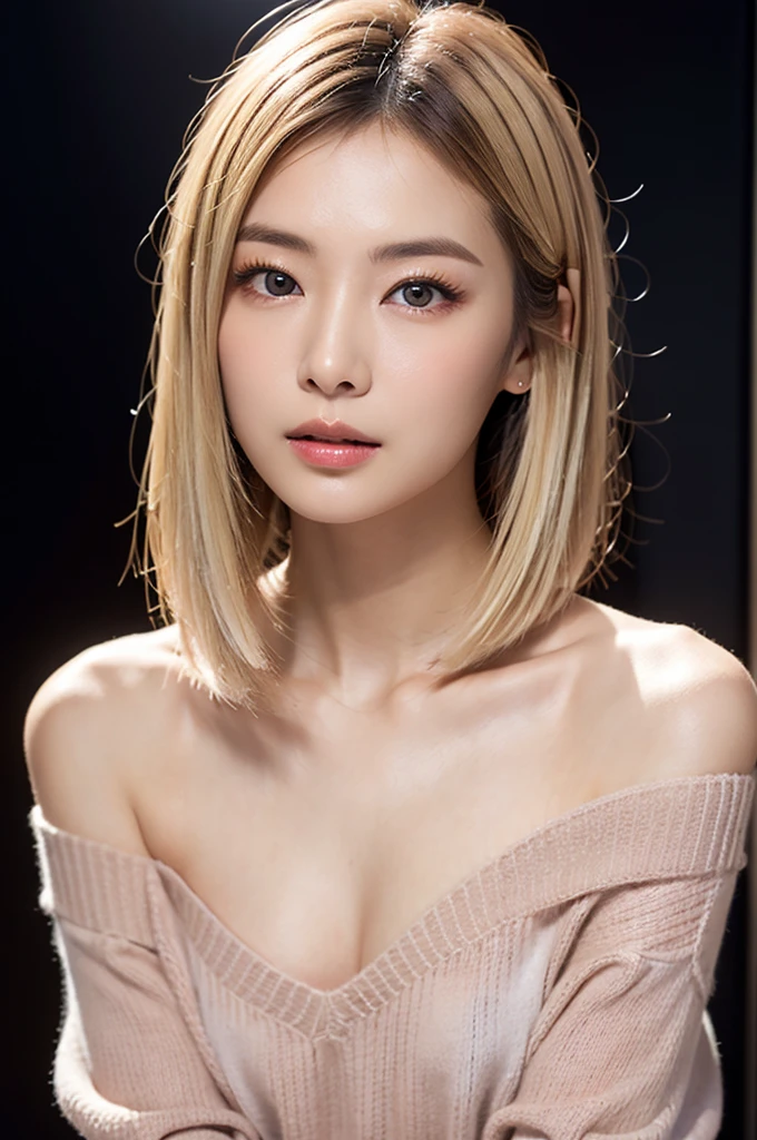 Beautiful Japanese Women、1 person,Very cute and slim、Excellent style 、((8K images、super high quality))、Very delicate face, Skin and Hair、short hair、straggling hair,(((((Gradient Hair、blonde))))),Very cute Japanese cut face、Eyes and nose are clearly visible、Kind eyes,(((Off-the-shoulder sweater、Simple Background、Looking at the audience)))、