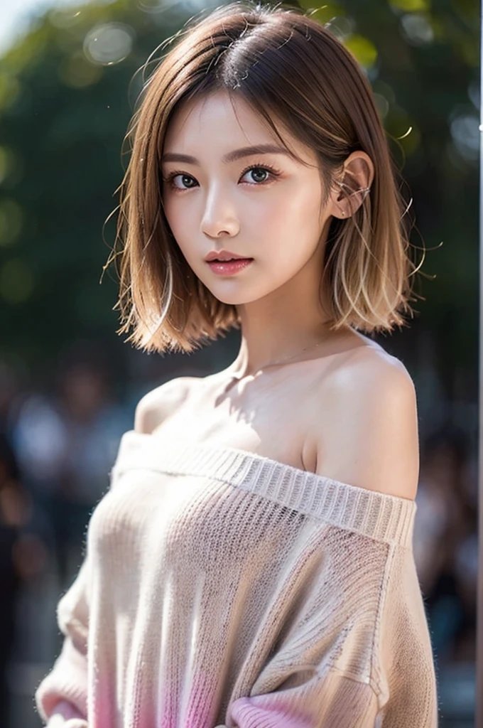 Beautiful Japanese Women、1 person,Very cute and slim、Excellent style 、((8K images、super high quality))、Very delicate face, Skin and Hair、short hair、straggling hair,(((((Gradient Hair、blonde))))),Very cute Japanese cut face、Eyes and nose are clearly visible、Kind eyes,(((Off-the-shoulder sweater、Simple Background、Looking at the audience)))、
