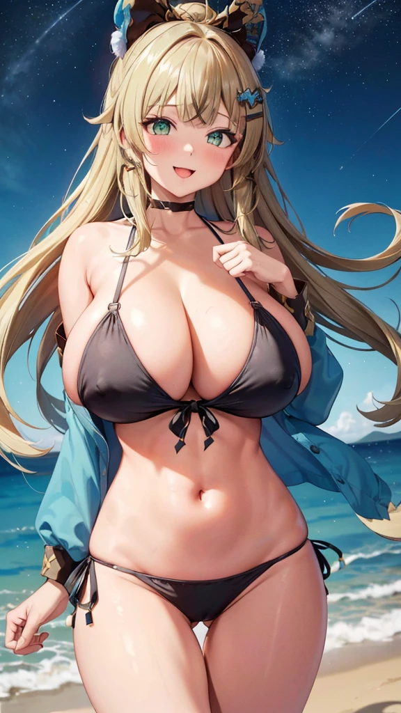 (masterpiece), best quality, expressive eyes, perfect face,red hair,wavy ponytail,(covered nipples:1.2),(under boob:1.2), (sagging breasts,gigantic breasts:1.5), (huge cleavage:1.5),(enormous breasts),(night:1.1}, {starry sky:1.1}, beach, beautiful detailed sky, {extremely detailed background:1.2},{standing:1.1}, looking at viewer, (mirco-bikini:1.3), long_hair, hair_ornament, green_eyes, bangs, smile, animal_ears, open_mouth, hairclip, blonde_hair, ahoge, tail, blush, cat_tail, bow, cat_ears, hair_bow, light smile,(thigh gap 1.5),seductive pose