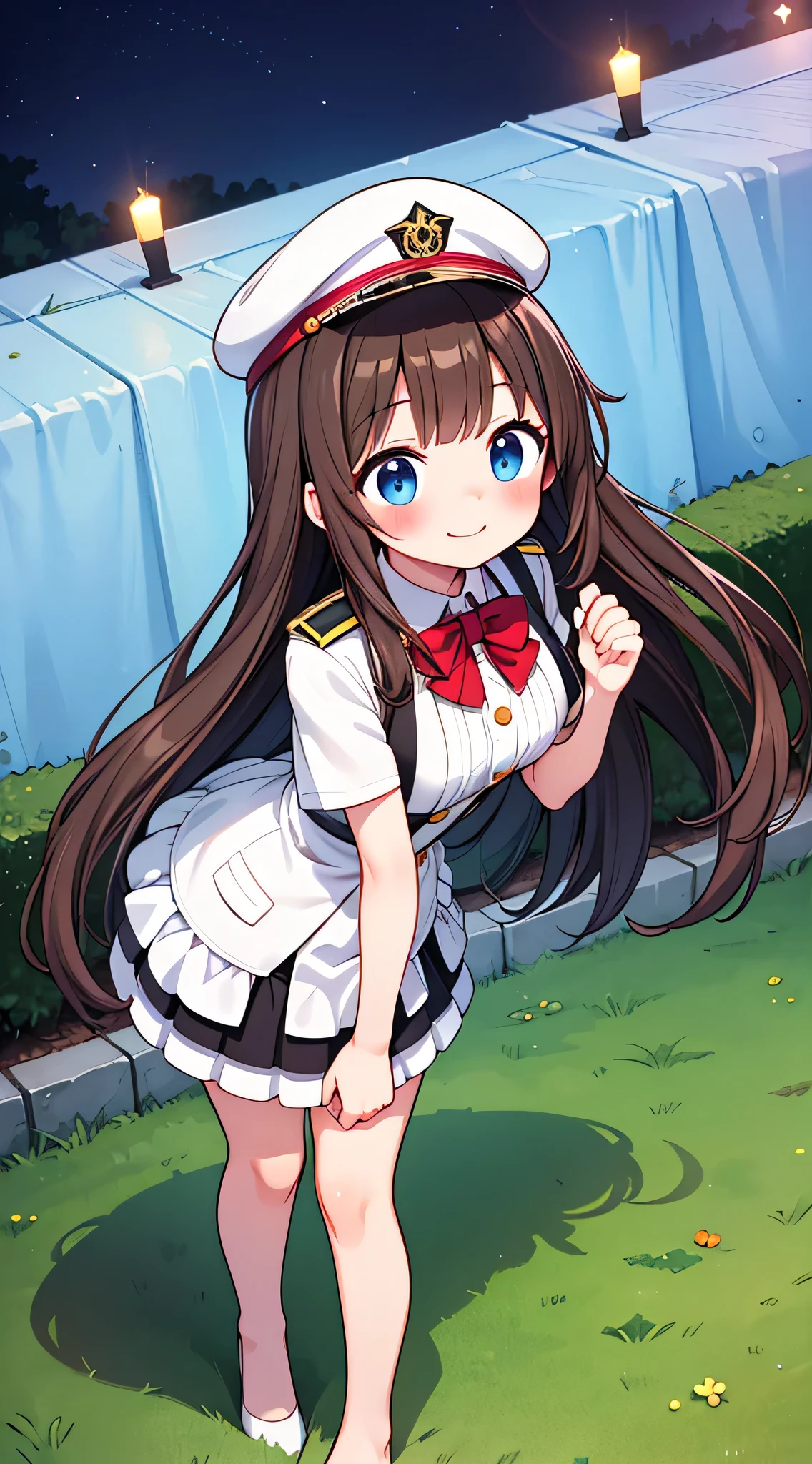 {Highest quality}, {Super beautiful},{Ultra fine},{Best illustration},Brown Hair,Hime cut,semi-long,Bangs,Standing Woman,Uniform cap,White Shirt,Short sleeve,Long black skirt,Night Park,Embarrassed,smilingly,Blushing,Slender women, A woman wearing plain black pumps,Bare feet and pumps,From an angle,From above