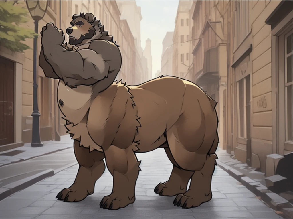 furry, fur taur, beartaur, middle-aged, 1man,  solo, hairy, arm_hair, leg_hair, short_hair, old, old_man, pectorals, large_pectorals, detailed face, bear ears, bear eyes(brown), bear nose(black), bear mouth, garibaldi beard(grey), mature hair(grey), detailed arms, thick arms, muscular, muscular_male, nipples, thick hands(5 fingers), detailed body belly, thick body, muscle belly(white), thick chest, chest hair(grey), detailed taur body, thick taur body, thick bear paws, thick bear tail, full body shot, staning on the street