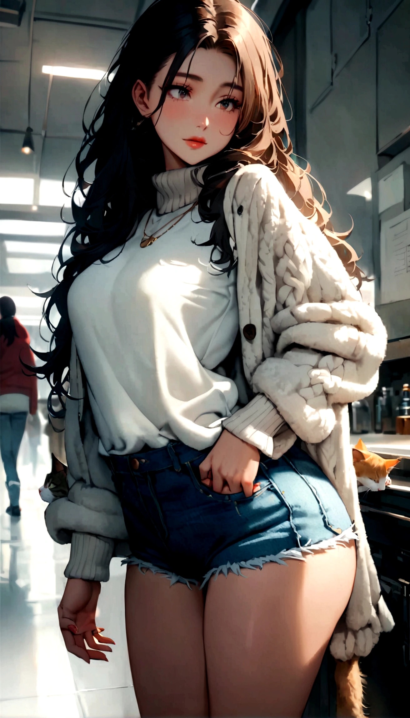 Beautiful woman with long hair, wearing short, cozy clothes with your boyfriend and a CAT