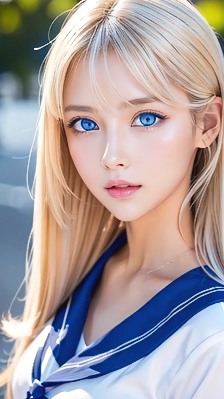 15 year old beautiful blonde girl、A beautiful girl、Very adorable face、Very lovely face、Bright expression、Authentic photo quality、Extraordinary sexy beauty、white, Shiny smooth Very white and bright skin、 ponytail、beautiful bangs、((Smooth, shiny, super long, natural blonde)),Super long, straight, silky hair、Looking at the camera、Very perfect cute beautiful sexy young tiny woman、Very perfect beautiful and cute face、beautiful, clear, Big eyes、Light blue eyes、Big and ample breasts、、Japanese Sailor Suit、Pretty face、Small Face Beauty、Gloss Face、Cheek gloss、Big, bright, marine blue eyes