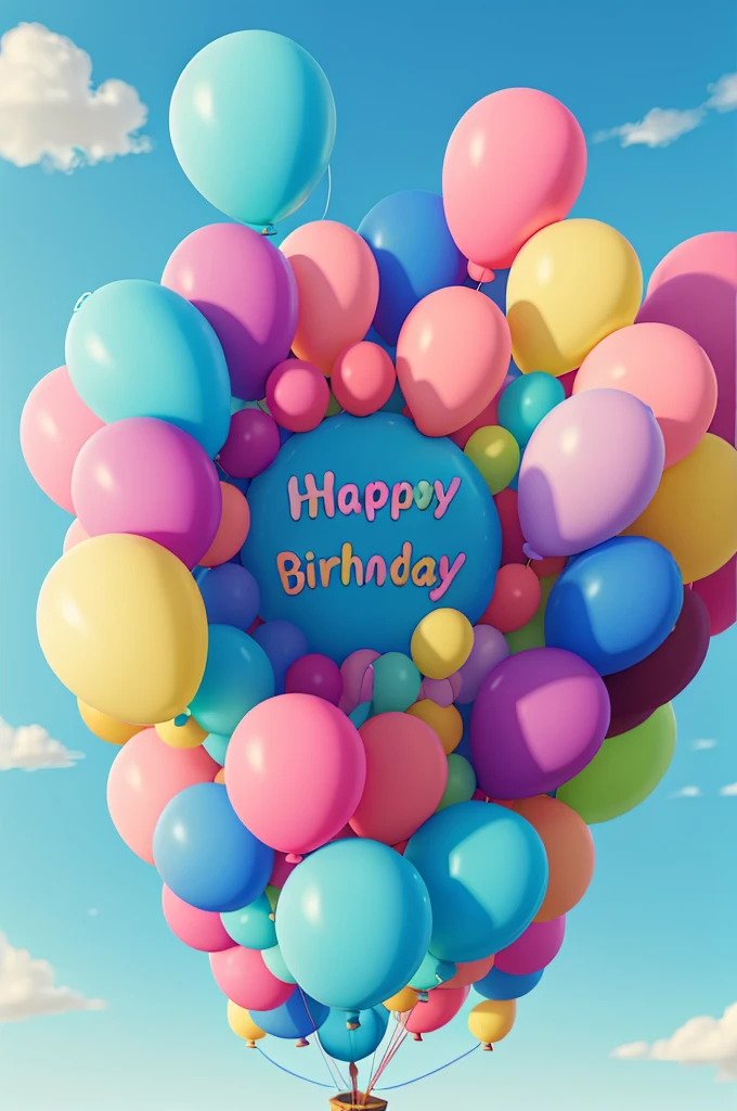 Pastel colored balloons,full,Multiple balloons flying,The balloon says HAPPY BIRTHDAY,((No people)),Front image,((Illustration of balloons only)),The background is entirely sky