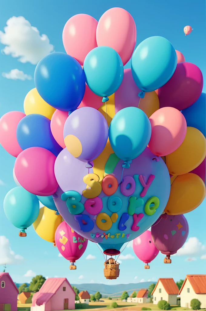 Pastel colored balloons,full,Multiple balloons flying,The balloon says HAPPY BIRTHDAY,((No people)),Front image,((Illustration of balloons only)),The background is entirely sky