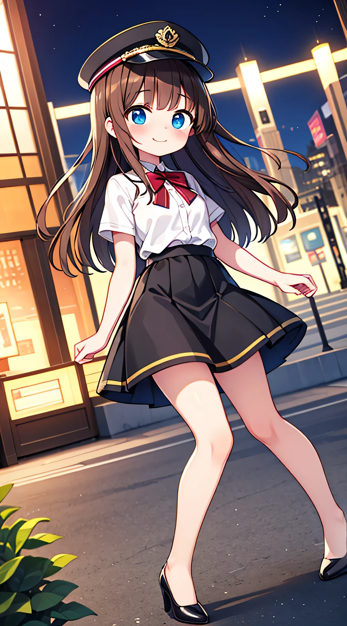 {Highest quality}, {Super beautiful},{Ultra fine},{Best illustration},Brown Hair,Hime cut,semi-long,Bangs,Standing Woman,Uniform cap,White Shirt,Short sleeve,Long black skirt,Night Park,Embarrassed,smilingly,Blushing,Slender women, A woman wearing plain black pumps,Bare feet and pumps,From an angle,From above