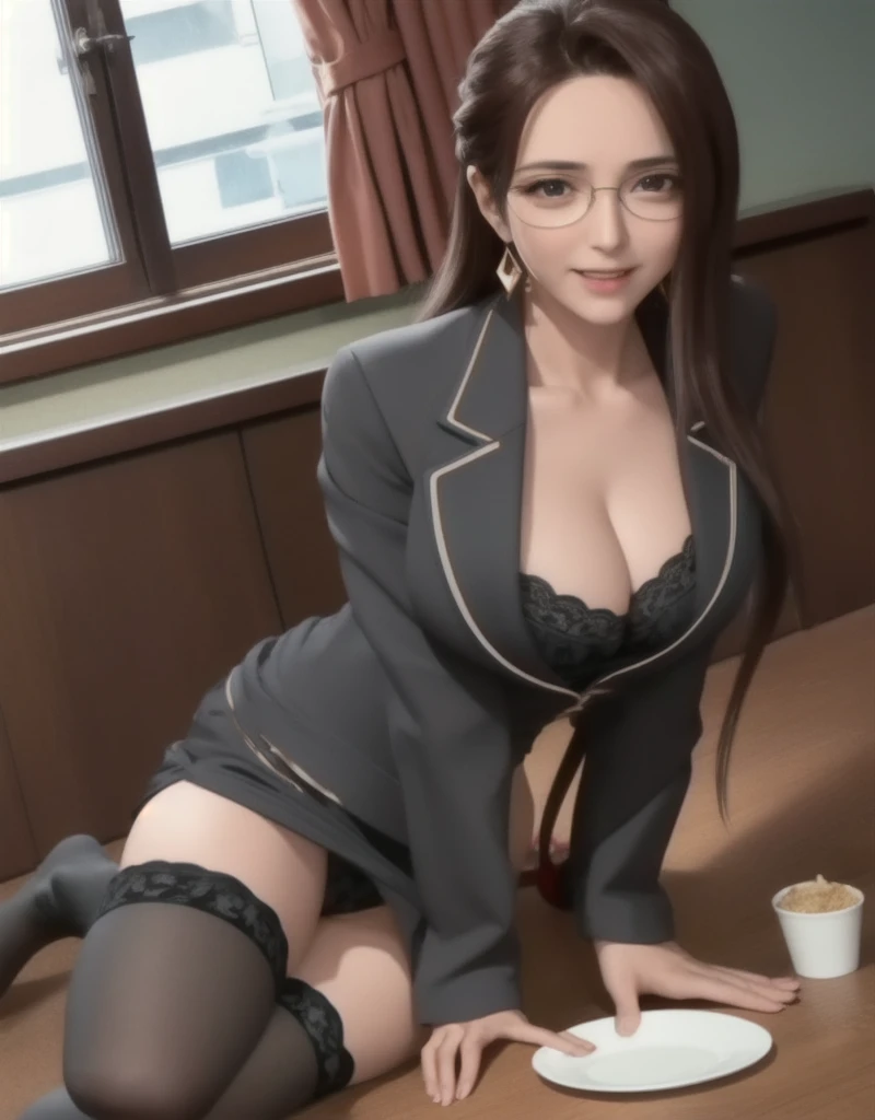 (high quality:1.1), Cinema Lighting, Highly detailed, blooming,
Izumi, Mature Woman, teacher, A girl, alone, Sitting at a table, window, Cowboy Shot,
Look at your audience, beautiful eyes, charming smile, blush, Open your mouth,
Light brown hair, long straight hair, Hair lift, Single hair swallow, Big eyes, Green eyes, compensation, Glasses, jewelry, Earrings,
Slit Skirt Suit, (black knee socks:1.1), underwear,
Big Breasts, Cleavage, Thighs, Long Legs, Underwear
Complicated and intricate room background, Day, Day光, Cityscape,
