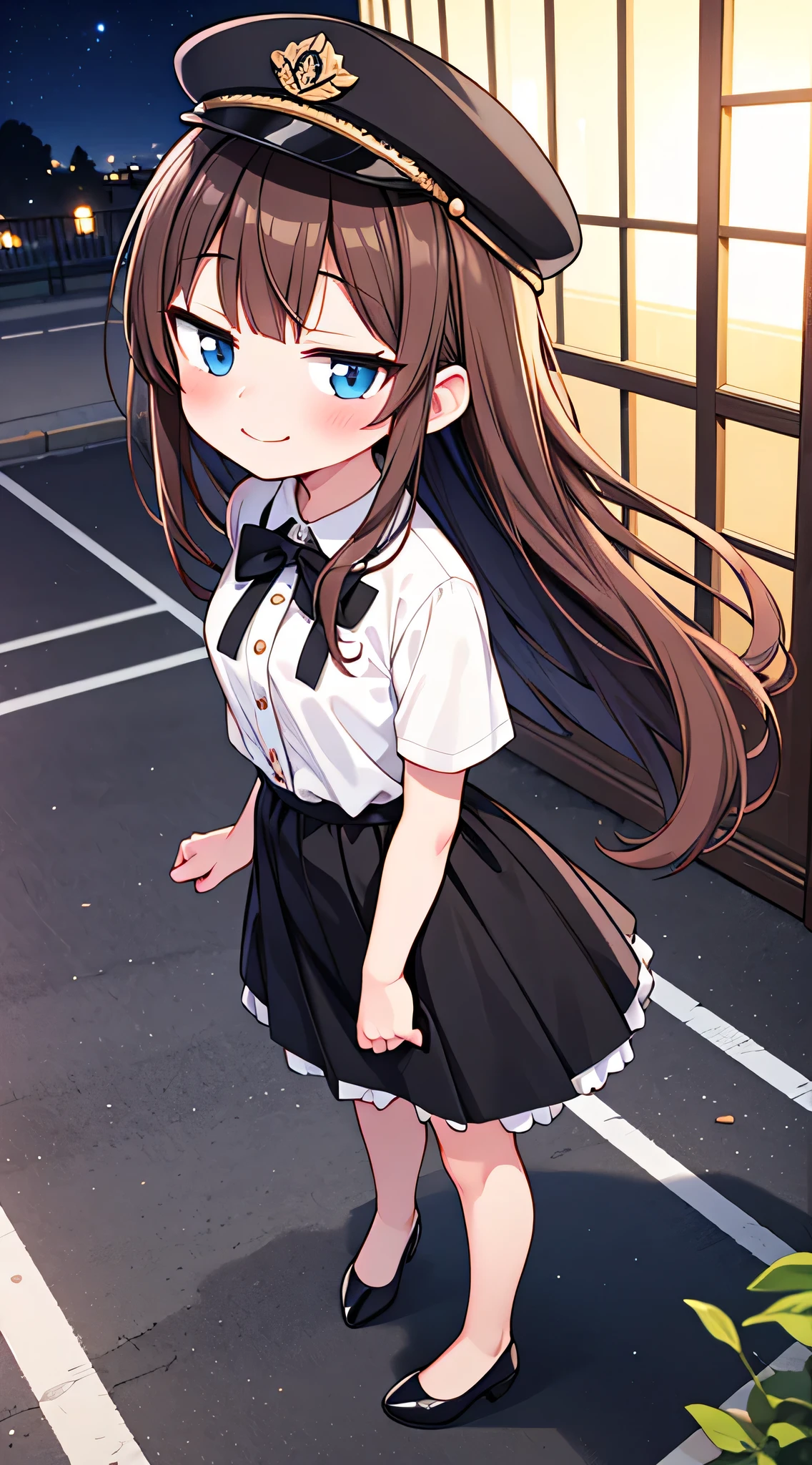 {Highest quality}, {Super beautiful},{Ultra fine},{Best illustration},Brown Hair,Hime cut,semi-long,Bangs,Standing Woman,Uniform cap,White Shirt,Short sleeve,Long black skirt,Night Park,Embarrassed,smilingly,Blushing,Slender women, A woman wearing plain black pumps,Bare feet and pumps,From an angle,From above