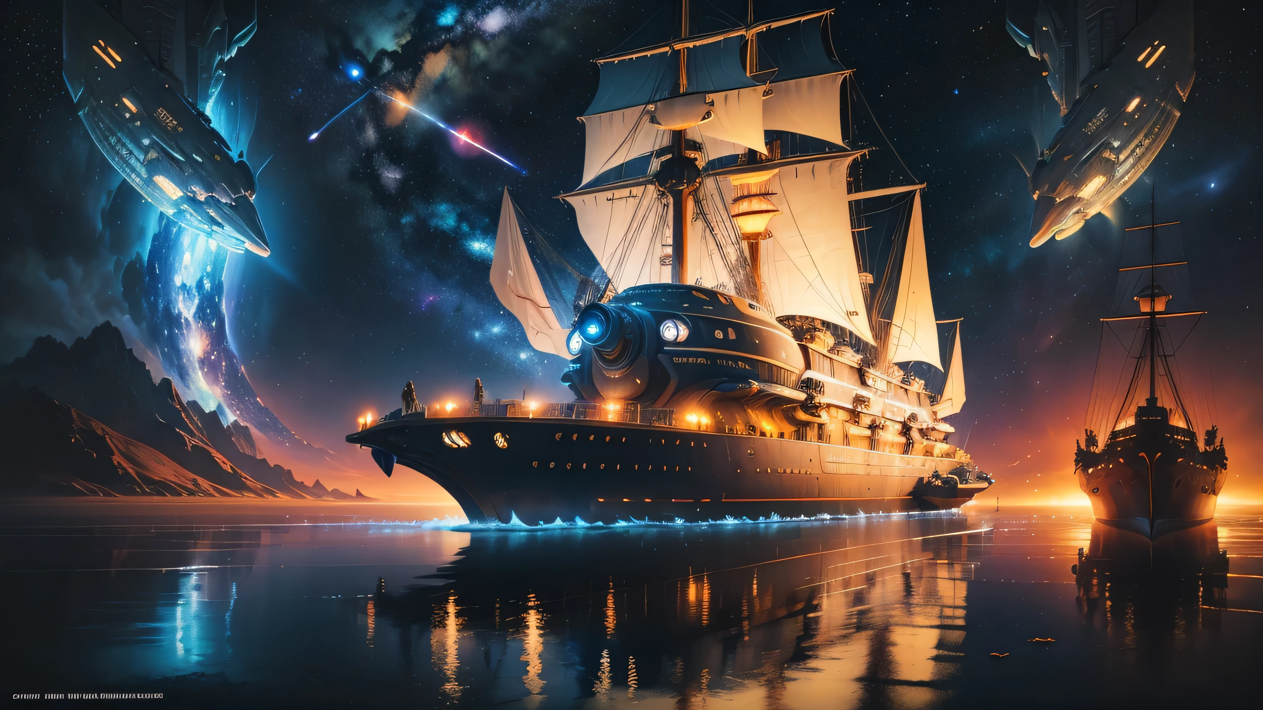 (Expressionism:1.3), (retrofuturistic spaceship in the shape of Noah's Ark:1.2) with portholes and cannons, (exotic animals around), fishes, amidst the vast cosmos of thoughts and ideas, breathtaking, shiny stars, vivid colors, cosmic scenery