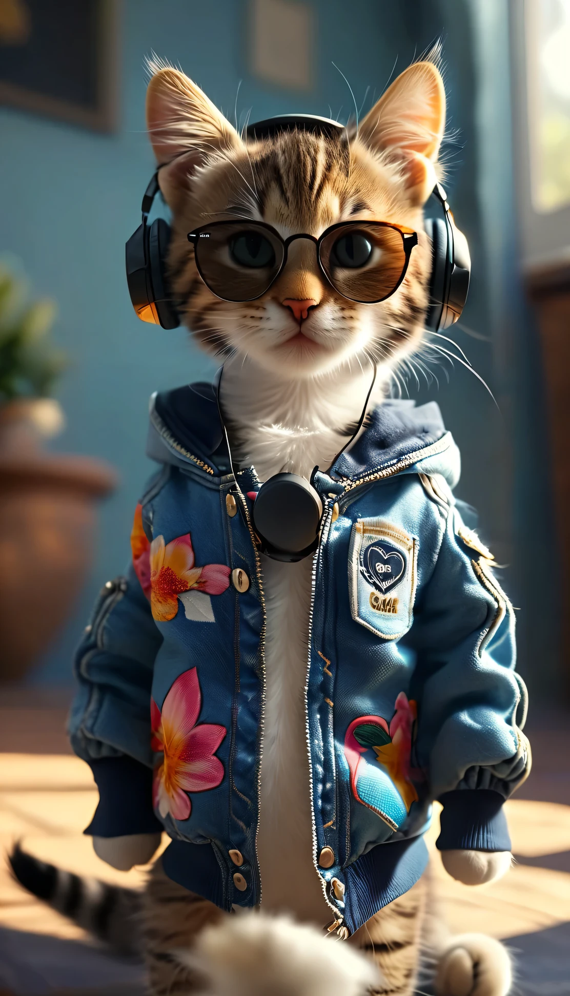 Perfect centering, cute little cat, Wear a jacket, Wearing sunglasses, Wearing headphones, cheerfulness, Standing position, Abstract beauty, Centered, Looking at the camera, Facing the camera, nearing perfection, Dynamic, Highly detailed, smooth, Sharp focus, 8K