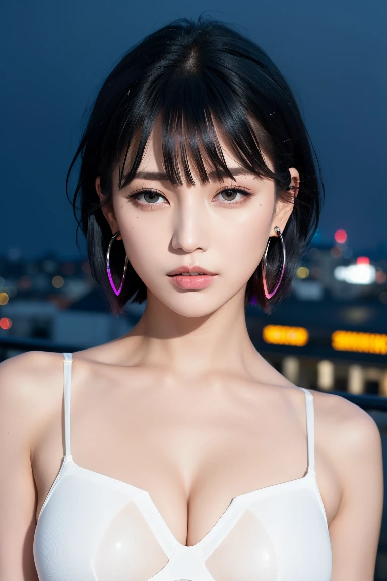 ((Rooftop of a building: 1,3)), ((Goth_punk, alone, Medium Shot, Walking the rooftops of Harajuku, ((night)), Blurry, Neon Light, Rainbow Eyes, Starry Sky, Shiny black hair, White eyebrows, Shiny Hair, (Rainbow black hair), Earring, good, jewelry, Blunt bangs, Busy eyes, Background Blurry, Blurry, hair ornaments, sight, short hair, Portraiture, Side Lock break ((Swedish girl, White skin, White people)),((Women's work suits:1.3)), break (Gal: 1. 1),(Glamour: 1. 3),(night),(Supermodel: 1.3)),break ((earring, ring)), Cowboy Shot,((Tall people)),((Android)),((Look Up)),((Top Angle:1. 3)), From above, looking at the camera,((Event Companion)),((Thin see -through)) Tight-fitting underwear with straps))、Hip、Butt、bend、