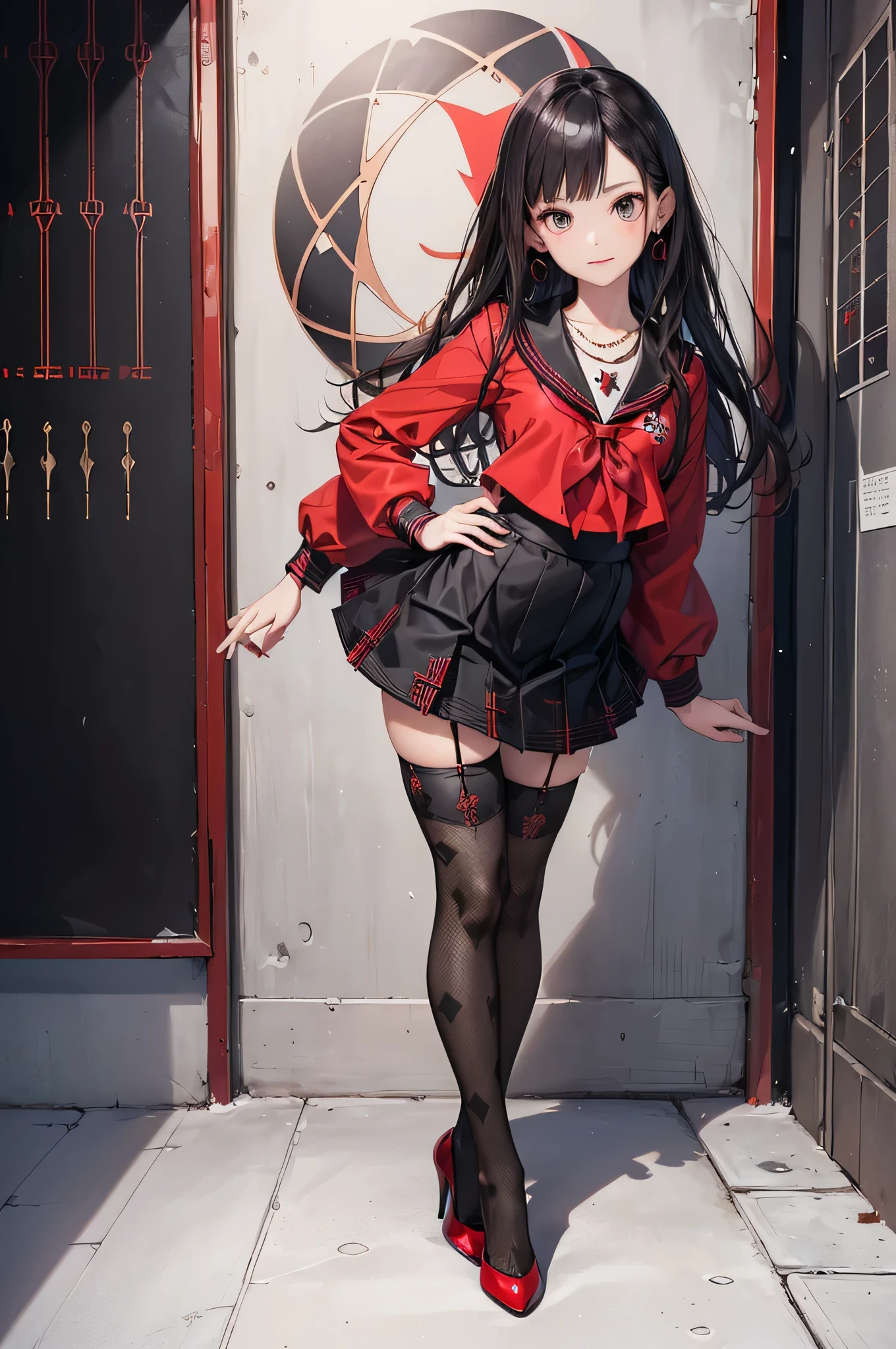 ((Biologically correct limb count)),(( From head to toe,Full-body photo including face)),4K,((Standing position)),masterpiece,((Focus on the face)),((Symmetrical facial features)),Eyes with detailed description,Beautiful woman,Great style,Beautiful arms,Beautiful legs,Beautiful Hands,(Small Ass,Thin thighs),Facial detailing,Small earrings,necklace,(Red and black enamel sailor suit,Checked mini skirt((Black high heels,Black patterned stockings))),((Taking a class in a school classroom)),,Realistic photo,Stand at an angle,Low angle photo