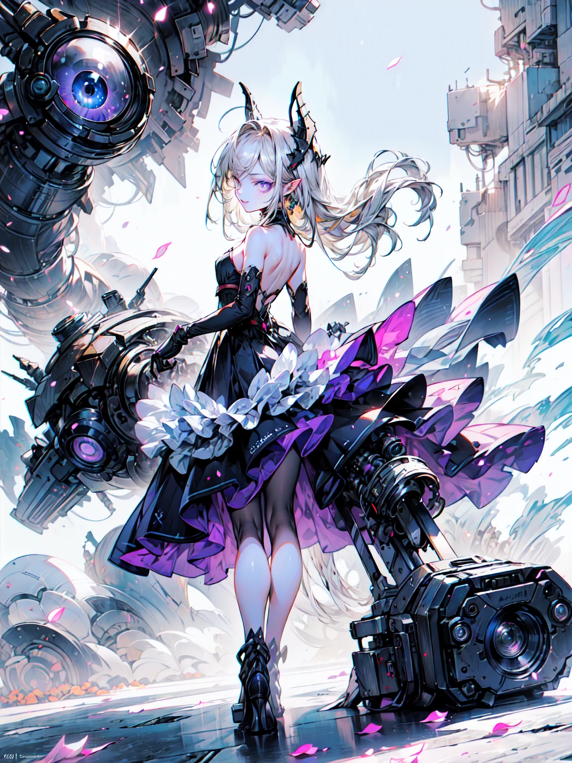 super high quality、8K quality、High resolution、Image quality captured with a single-lens reflex camera、(SFW)、Perfect Anatomy、(1. The theme is a gothic punk girl in a black dress...）Beautiful blonde 20 year old girl.Orange eyes、(Good shape、Normal chest、Cleavage)、(Black mechanical parts for arms and legs、3d, Realistic mechanical parts)(Mechanical parts Rear wing)(Equipped with a chainsaw:1.2)break、（Perfect Anatomy:1.4）Blake、(Back view、Remember、avert your eyes:1.3)Petals flutter(Smoke rising from the battlefield、Twilight Girl:1.5)、break、（Dark Elf), (1 Girl), alone, Perfect Face, Get used to it, Ahoge, ((Long Hair:1.2)),[[Messy Hair]], Shiny blonde white hair, Purple eyes, Variegated eyes, Colorful Hair, Shining Eyes, (eyelash, eye shadow, pink eye shadow), bright, smile, Design Art：Haruhiko Mikimoto, by Kawashi, By Yoshitaka Amano
