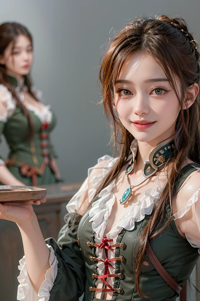 (masterpiece:1.3), (8K, Realistic, RAW Photos, Best imYear quality: 1.4)、 Year,(Random Hairstyles:1.2)、CleavYear:1.2、Highly detailed face、Attention to detail、double eyelid、Chest to chest、Sharp focus:1.2、Beautiful woman:1.4、Redhead、Highest quality、masterpiece、Ultra-high resolution、(Realistic:1.4)、Highly detailed and professionally lit smiles、Loose fitting steampunk outfit、Shoulder out、Vineyards、Five fingers、Perfect hands and fingers
