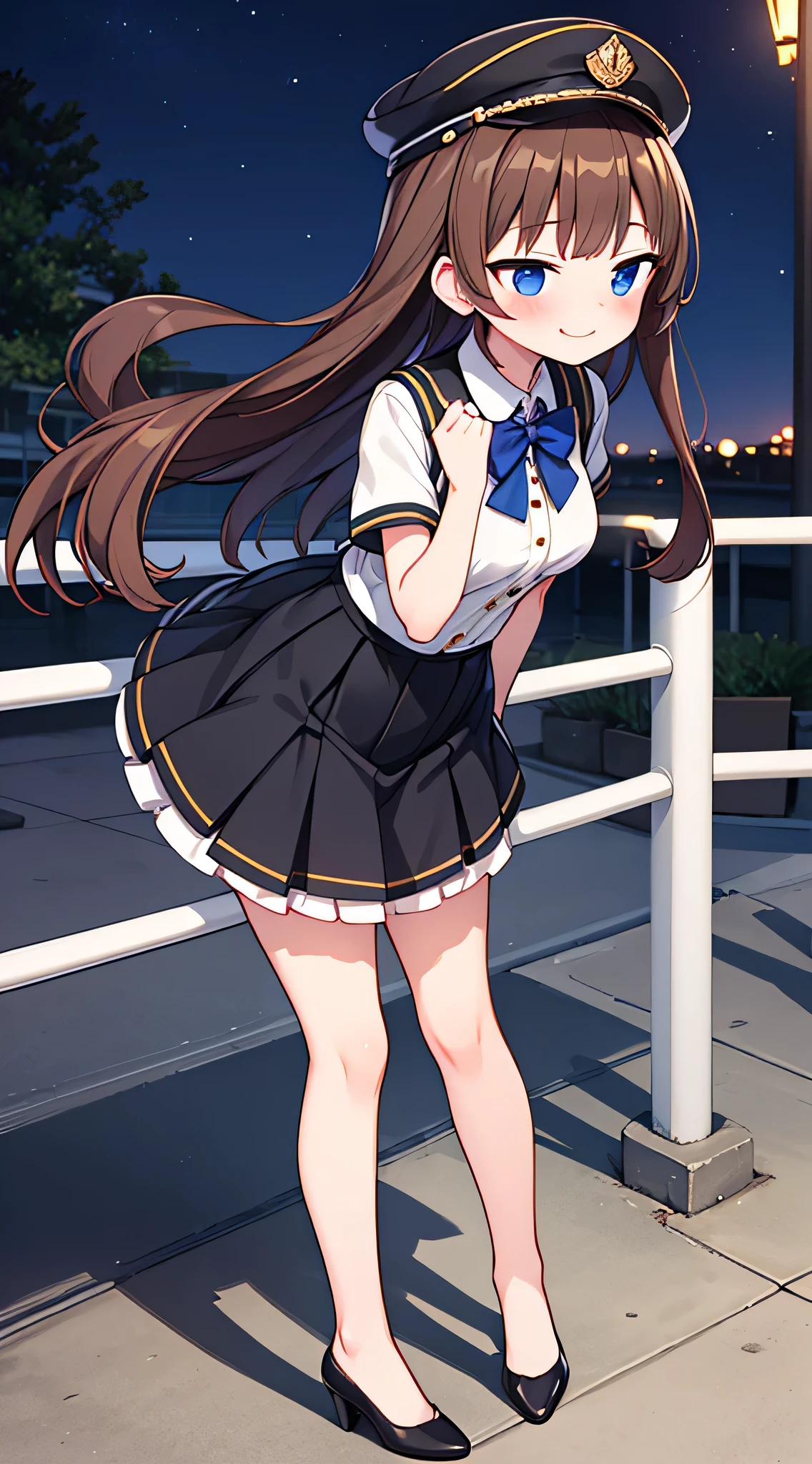 {Highest quality}, {Super beautiful},{Ultra fine},{Best illustration},Brown Hair,Hime cut,semi-long,Bangs,Standing Woman,Uniform cap,White Shirt,Short sleeve,Long black skirt,Night Park,Embarrassed,smilingly,Blushing,Slender women, A woman wearing plain black pumps,Bare feet and pumps,From an angle,From above
