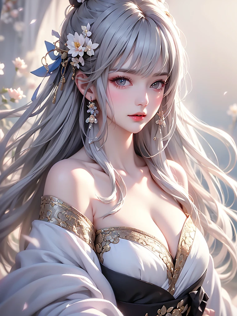 super high quality, masterpiece, Perfect illustration, Very detailed、8k wallpaper, Very detailed (Exquisite light and shadow, Very dramatic photo,Backlight) , ((Gray Hair:1.5))1 Girl, alone, (Wearing Han clothes, Royalty、Black and white Hanfu,Thick fabric,Long sleeve) Flower Field, Flowers, (White smoke:1.3) (Realistic:1.4),  (Dynamic Angle: 1.4), Glowing Skin, (Floating colorful flashes: 1) The most beautiful chaotic shapes, elegant, Brutalist Design, Bright colors, Romantic Depth of Field Exotic_dance, half_naked、((Off the shoulder、Medium Chest、Beautiful cleavage))Touching lips
