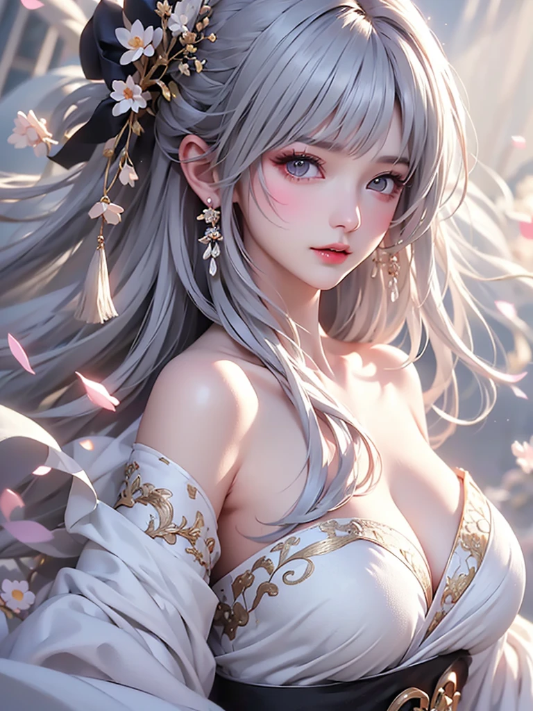 super high quality, masterpiece, Perfect illustration, Very detailed、8k wallpaper, Very detailed (Exquisite light and shadow, Very dramatic photo,Backlight) , ((Gray Hair:1.5))1 Girl, alone, (Wearing Han clothes, Royalty、Black and white Hanfu,Thick fabric,Long sleeve) Flower Field, Flowers, (White smoke:1.3) (Realistic:1.4),  (Dynamic Angle: 1.4), Glowing Skin, (Floating colorful flashes: 1) The most beautiful chaotic shapes, elegant, Brutalist Design, Bright colors, Romantic Depth of Field Exotic_dance, half_naked、((Off the shoulder、Medium Chest、Beautiful cleavage))Touching lips