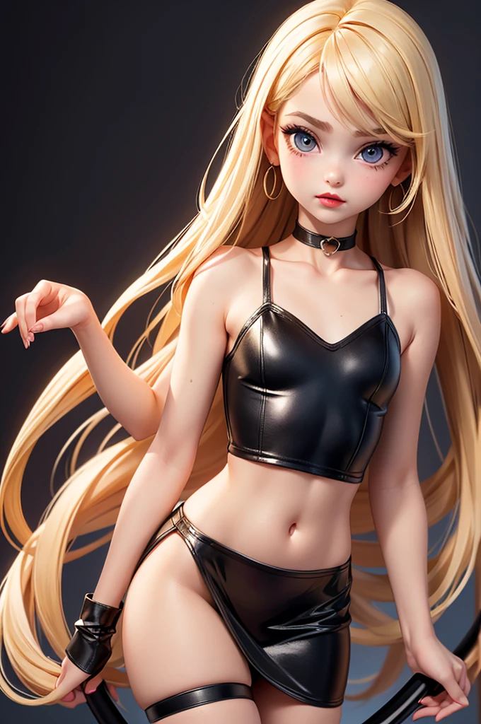 hyperrealistic old american teen, blonde, little, perfect tiny body, sexy, dark makeup, small choker, perfect slim face, big red lips, very cute face, tiny body, big eyes, young looking, childish looking, perfect belly, black tube dress