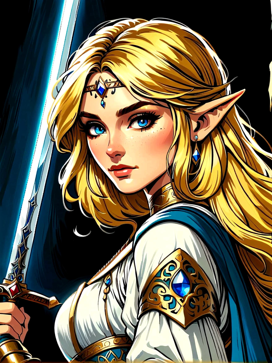 (best quality，8K，Ultra-high resolution，masterpiece)，very good，illustration，Princess Zelda，blonde，Blue Eyes，Holding a long sword