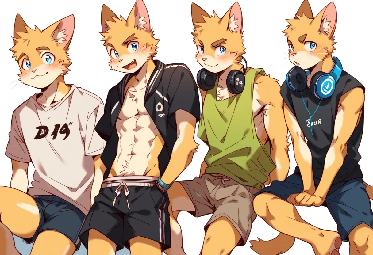 score_9, score_8_up, score_7_up, male, furry, high quality, hires, anthro, teenager, 16 years old, domestic cat, bright yellow fur, blue eyes, wide brown eyebrows, an excited expression, humanoid feet, slim body, prominent v-line, prominent abs, prominent legs, prominent forearm, prominent knees, white background, treasure trail, armpit hair, furry legs, in various sexy poses, headphones, casual clothes, joggers, shorts, showing off, sitting, patting legs