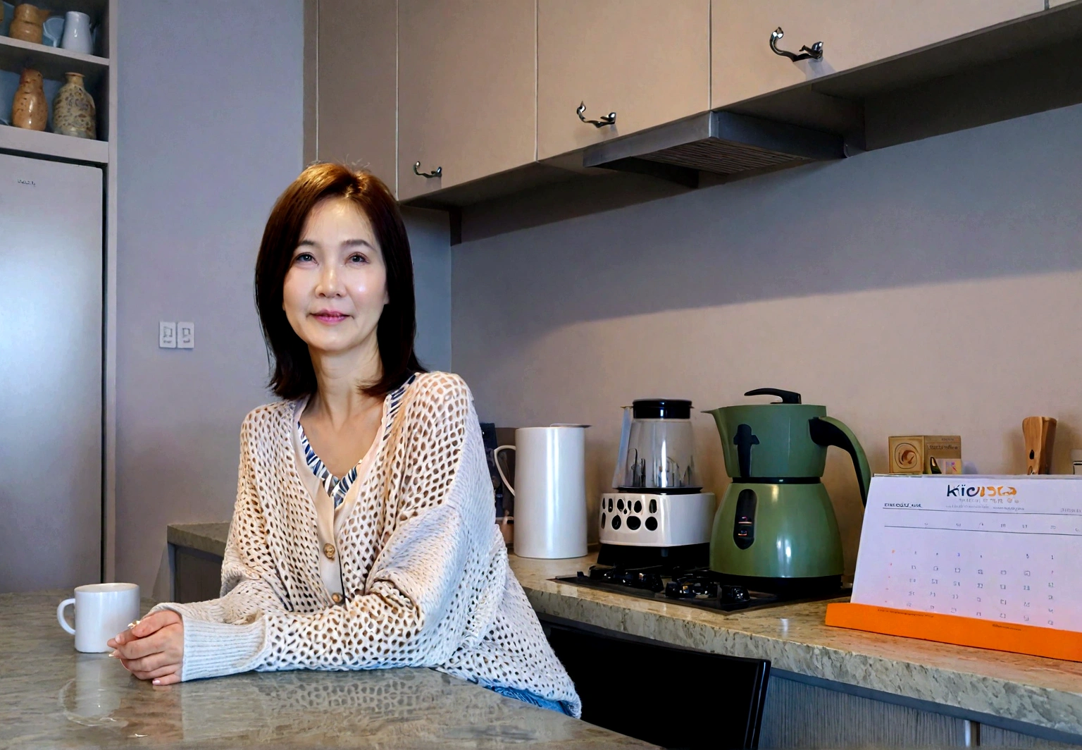 Beautiful Korean Woman , 32 inch chest size, Your eyes are big and pretty. Wearing a high-end luxury brand cardigan, casual beige pants, short medium hair, Smile. sitting on kitchen table , uhd