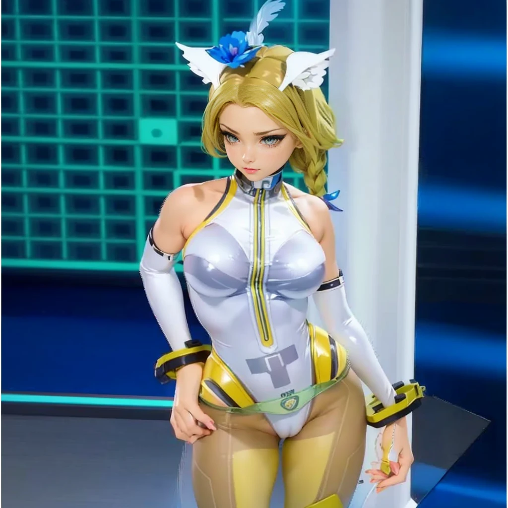 a close up of a woman in a cyber leotard suit, female, video game character, cyber suit, clothed in cyber armour, cyber fight armor, rogue anime girl, shy blush, wearing a leotard thong, highheels, fullbodyshot, model pose, chocker, cameltoe, big ass, big thighs, toned body, detailed anatomy, anatomically correct, highcut leotard, highleg leotard, colored hair, glossy lipstick, grey eyes, highleg, g-string leotard, full body shot, high_res, high tension, stretched fabric, wedge, high_resolution, very_detailed, cameltoe, masterpiece, best quality, absurdres, highres, 4k, ray tracing, intricate details, highly detailed, big breasts, huge ass, full_body, ultra sexy, very high detail, detailed clothing, detailed textures, full body in shot, color harmony, pleasent colors, vibrant, yellow painted fingernails, yellow nailpolish, makeup, mascara, eyeliner, blue eyeshadow, detailed face, ecchi style, anime, NSFW, lewd, cameltoe, slight nipple outline, skintight, latex, long eyelashes, pretty face, white catears, looking away