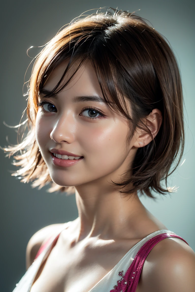 1 girl,(wearing colorful stage costume:1.2),very beautiful japanese idol portrait,close up of face,(RAW photo,best quality),(real,realistic:1.4),(masterpiece),very delicate and beautiful,very detailed,2k wallpaper,amazing,finely detailed,highly detailed CG Unity 8K wallpaper,very detailed,high resolution,soft light,beautiful detailed girl,very detailed eyes and face,beautiful refined nose,finely beautiful eyes,cinema lighting,(simple light color background:1.3),(short hair),(bob),full anatomy,slender body,small breasts,smiling,