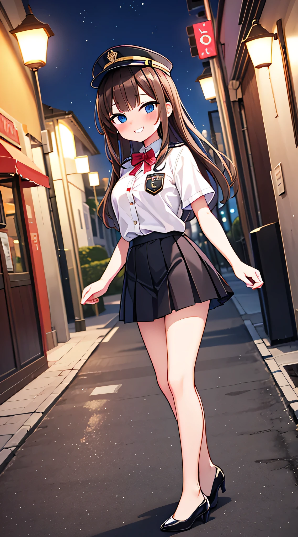 {Highest quality}, {Super beautiful},{Ultra fine},{Best illustration},Brown Hair,Hime cut,semi-long,Bangs,Standing Woman,Uniform cap,White Shirt,Short sleeve,Long black skirt,Night Park,Embarrassed,smilingly,Blushing,Slender women, A woman wearing plain black pumps,Bare feet and pumps,From an angle,From above