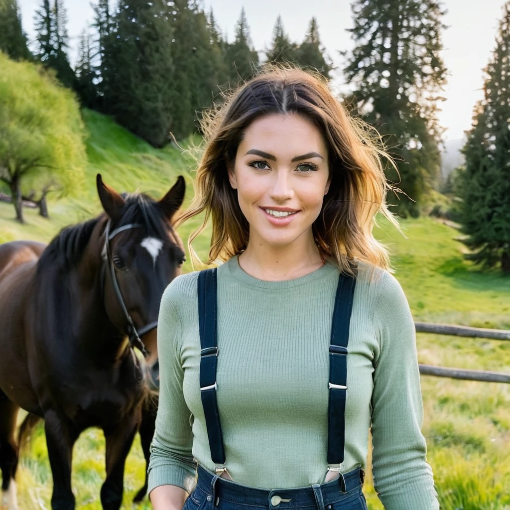 (front facing camera),(Skin Texture, pores, natural,iPhone,RAW)), bright sunny lighting, Full body Photo of a woman wearing with side-swept hair wearing a ((tight)) elastic full sleeve top and suspenders,looking straight at the camera, playing with a horse, Nikon Z9, realistic matte skin,blurry landscape with green trees and grassy hils in the background,