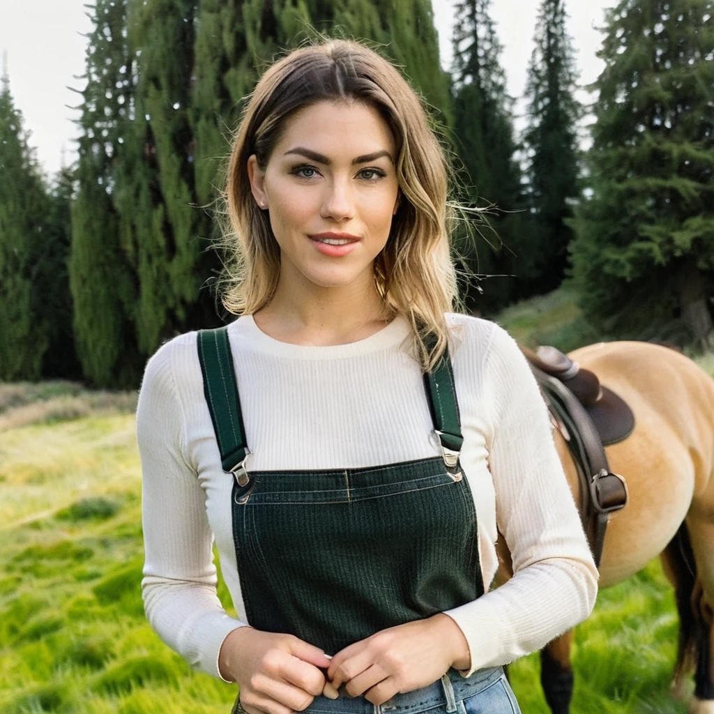 (front facing camera),(Skin Texture, pores, natural,iPhone,RAW)), bright sunny lighting, Full body Photo of a woman wearing with side-swept hair wearing a ((tight)) elastic full sleeve top and suspenders,looking straight at the camera, playing with a horse, Nikon Z9, realistic matte skin,blurry landscape with green trees and grassy hils in the background,