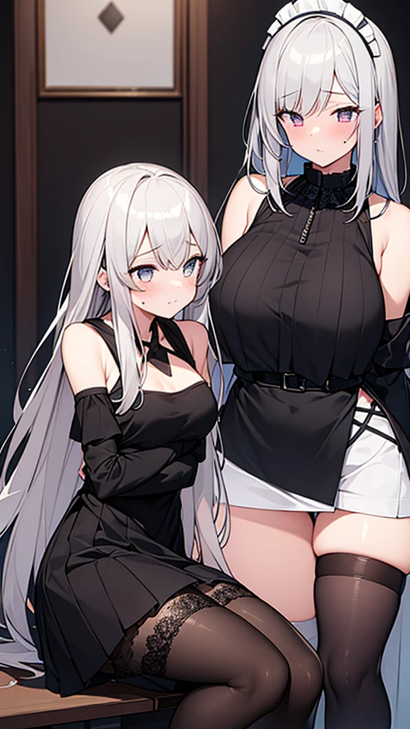((masterpiece)), (Highest quality、32k), (Simple style), (Faceless,Face peeling), 2 Girls, The maid and the lady whose face was torn off, Big Breasts, Big Swing Chest, Wearing a face stolen from someone else, Sexy body, Sleeveless, No sleeve, Off the shoulder, Black Dress, Pleated lace, Lace dress, black knee socks. Standing, whole body, both hands touch the face, Luxurious Room, {{A young lady who used her face-peeling ability to peel off the face of a young lady, leaving her face blank, and a maid who transplanted the peeled face onto her own face.}}, Browsing Caution