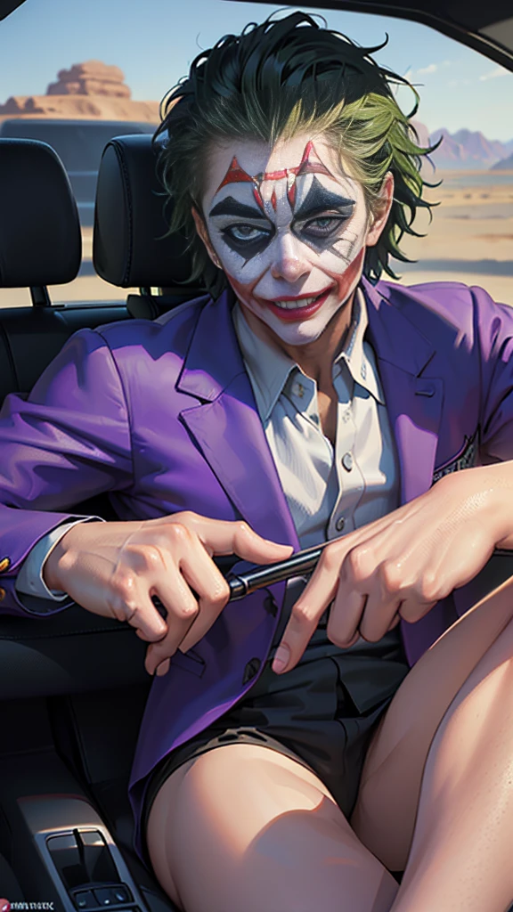 (Masterpiece: 1.2), (CGI art:1.3), (realistic:1.5), (post processing:1.3), (sharp focus:1.3), (1 person : 1.6), 1 person at the wheel, (the joker: 1.3 ), (drive: 1.3), in a car , (การdrive: 1.3) ,(desert:1.3) ,(หัวเราะ: 1.3), ยิ้ม