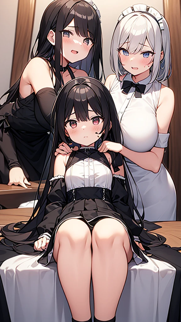 ((masterpiece)), (Highest quality、32k), (Simple style), (Faceless,Face peeling), 2 Girls, A maid who uses her face-peeling ability to peel the skin off of a young lady and transplant it onto herself, and a young lady whose face has been peeled off by a maid, Big Breasts, Big Swing Chest, Wearing a face stolen from someone else, Sexy body, Sleeveless, No sleeve, Off the shoulder, Black Dress, Pleated lace, Lace dress, black knee socks. Standing, whole body, both hands touch the face, Luxurious Room, {{A young lady who used her face-peeling ability to peel off the face of a young lady, leaving her face blank, and a maid who transplanted the peeled face onto her own face.}}, Browsing Caution