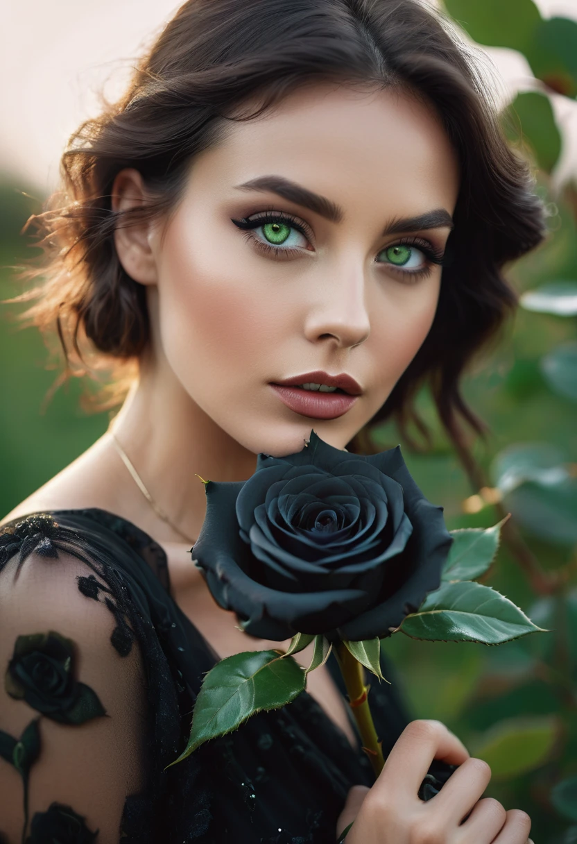 a woman with green eyes, flawless skin, half body shot, holding a black rose, whimsical photography style, captured with an Arriflex 35BL camera using Canon K25 prime lenses, cinematic, dramatic lighting, ultra clear, breathtaking surreal masterpiece.