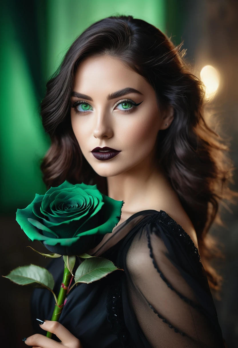 a woman with green eyes, flawless skin, half body shot, holding a black rose, whimsical photography style, captured with an Arriflex 35BL camera using Canon K25 prime lenses, cinematic, dramatic lighting, ultra clear, breathtaking surreal masterpiece.
