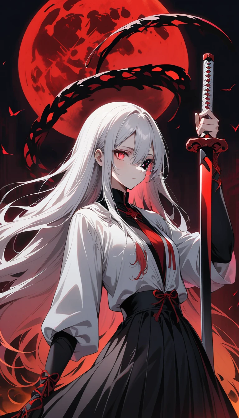 Blurred outline of existence, bright white eyes, ,Blurred outline of existence, Fully white glowing eyes,，White flowers on eyes，Fire  butterflys，Anime style，1 girl，Silver long hair，(((White spots on eyes)))，Black pleated skirt，Samurai sword in hand，Elegant Posture、Red Moon、dark purple tones，Elegant and atmospheric。，(((Fluorescent snake bones)))