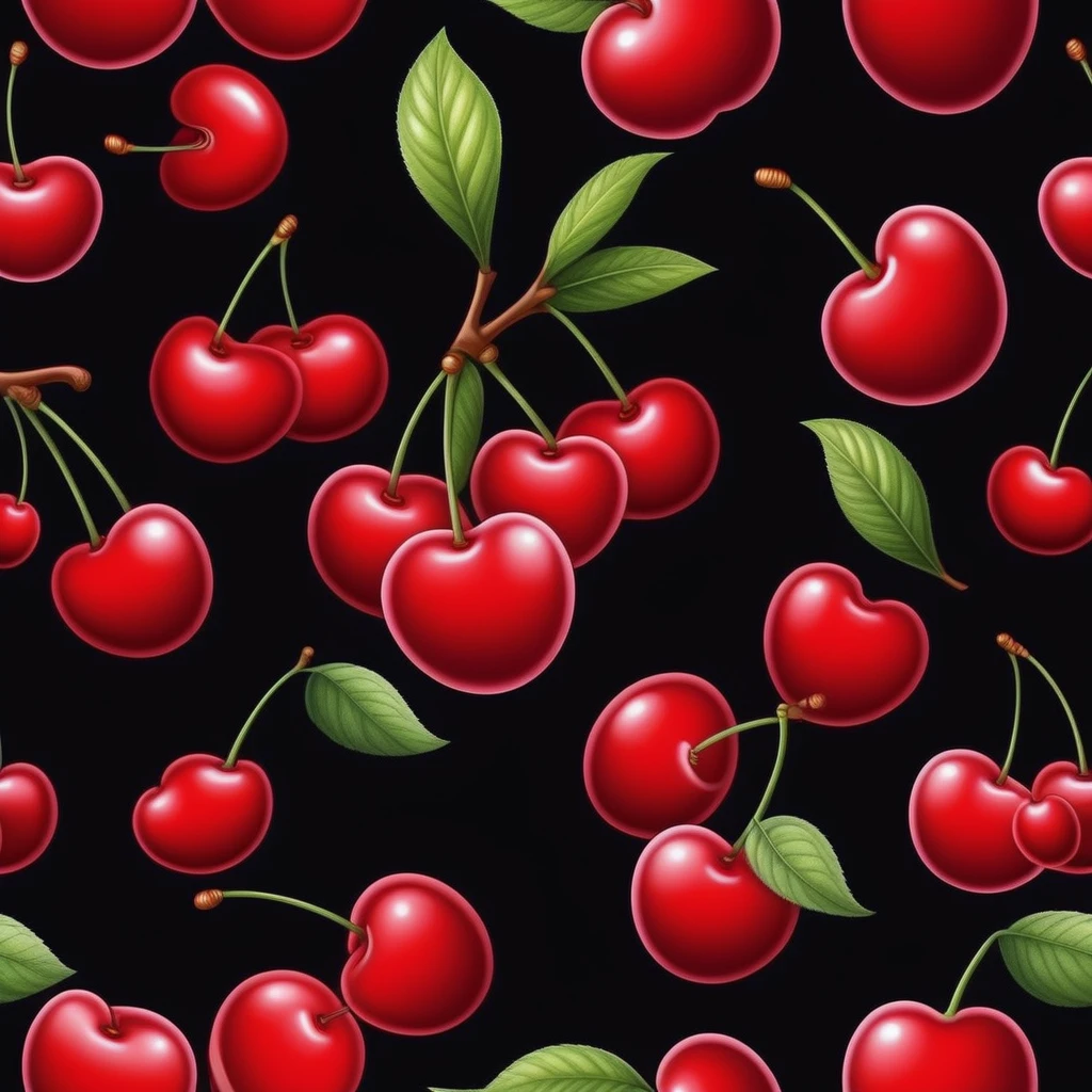 realistic cherry, Black background, cartoon style